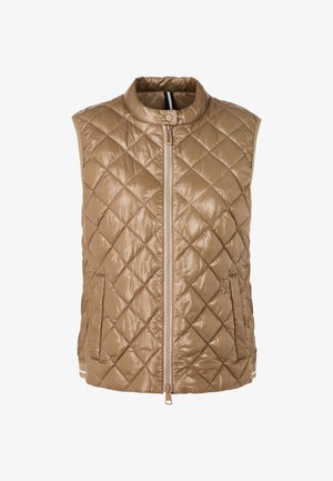 Quilted, sleeveless vest in light brown, featuring a high collar and front zipper. Textured, shiny fabric with side pockets.