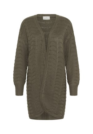 Cardigan tricotat de culoare verde măsliniu, cu un model texturat în valuri, cu deschidere în față, mâneci lungi și manșete cu nervuri. Ușor și cu o croială lejeră.