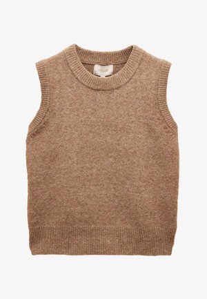 Brązowa, bezrękawnikowa, dziergana wełniana kamizelka z żebrowanym dekoltem, pachami i dolnym wykończeniem, z metką "Joules" wewnątrz kołnierza.