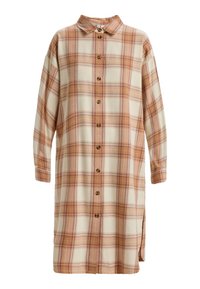 Long sleeve, button-up shirt dress in cream with a brown and orange plaid pattern. Features a collar and side slits at the hem.