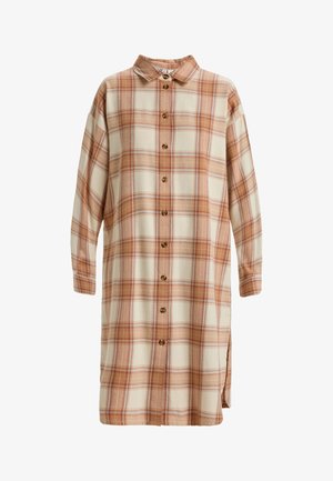 Langärmliges, kariertes Hemdkleid aus weichem Stoff, mit beigem Hintergrund und orange-braunen Karos, Knopfleiste und Kragen.