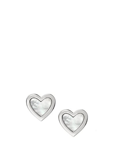 Heart-shaped earrings made of silver with a mother-of-pearl inlay. Smooth texture with a polished finish, featuring a contrasting outline.