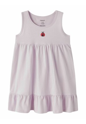 Sleeveless light purple toddler dress with gathered skirt and ruffled hem, featuring a small red ladybug embroidered on the chest.