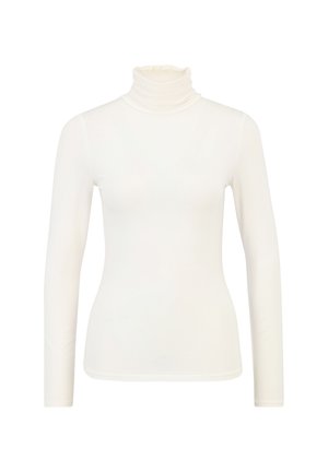 Biała bluzka z długim rękawem i golfem, wykonana z gładkiego, elastycznego materiału. Charakteryzuje się dopasowanym krojem i wysokim, podwójnym kołnierzem.