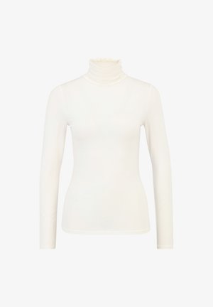 Biała bluzka z długim rękawem i golfem, wykonana z gładkiego, elastycznego materiału. Charakteryzuje się dopasowanym krojem i wysokim, podwójnym kołnierzem.