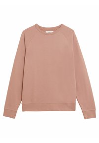 Růžová mikina vyrobená z měkké tkaniny, s dlouhými raglánovými rukávy, kulatým výstřihem a žebrovanými manžetami a spodním lemem. Jednoduchý design bez vzorů.