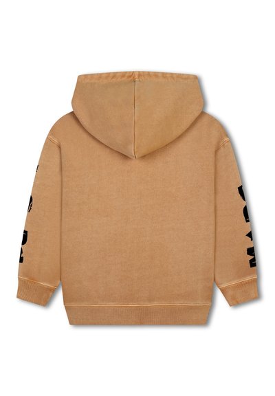 Felpa beige con cappuccio e finitura texturizzata, con lettering nero lungo le maniche e polsini e orlo a coste.
