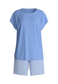 Lichtblauw katoenen top met korte mouwen, gecombineerd met gestreepte shorts in blauw en wit. De shorts hebben een elastische tailleband.