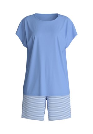 Haut en coton bleu clair à manches courtes associé à un short rayé bleu et blanc. Le short possède une taille élastique.