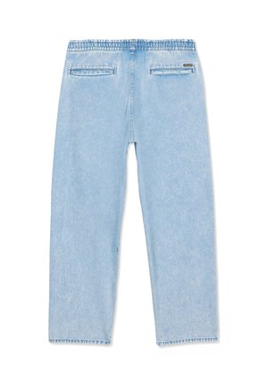 Light blue denim pants with elastic waistband and two back welt pockets, showing back view on a white background.