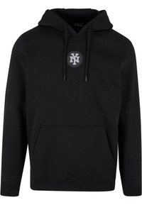 Zwarte hoodie met een voorzak, voorzien van een rond logo met "NY" in grijs. Gemaakt van een soepele, rekbare stof.
