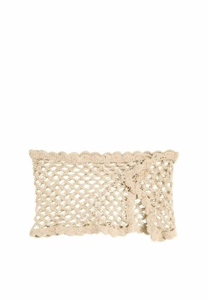 Beige rectangular crocheted clutch bag with scalloped edges and an open lattice pattern.