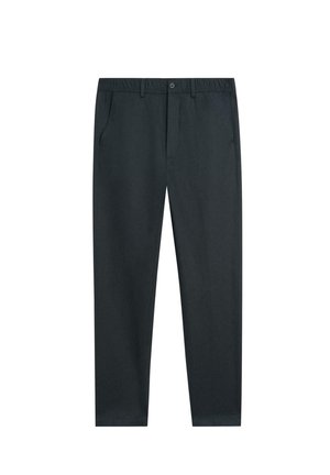 Schwarze Herren-Hose mit geradem Bein, elastischem Bund, Knopfverschluss, Seitentaschen und Gürtelschlaufen.