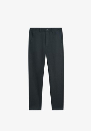 Schwarze Herren-Hose mit geradem Bein, elastischem Bund, Knopfverschluss, Seitentaschen und Gürtelschlaufen.