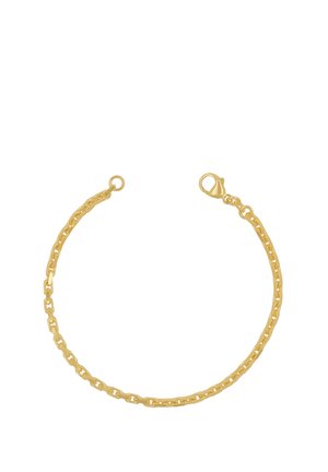 Zartes goldenes Gliederarmband mit ovalen Gliedern und Karabinerverschluss auf weißem Hintergrund.