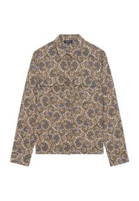 Chemise à manches longues avec un motif paisley marron et bleu, en tissu léger, dotée d'un col et d'un détail de poche à l'avant.