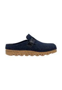 Mørkeblå filttræsko med et glat sort læderrem, en struktureret korksål og et bølget kantdesign. Minimalistiske og nemme at tage på.