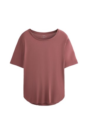 T-shirt a maniche corte di colore rosa polveroso, realizzato in tessuto morbido, con scollatura rotonda e orlo leggermente curvo nella parte inferiore.