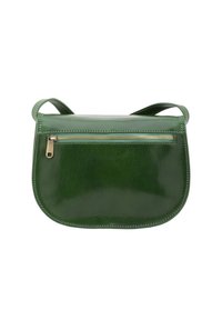 Borsa a spalla in pelle verde con forma arrotondata, dotata di tasca frontale con zip e superficie liscia e lucida. Tracolla lunga regolabile.