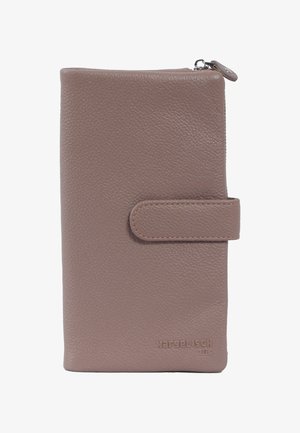 Brown leather wallet with a textured finish, front snap closure, zip-around compartment, and embossed logo at the bottom.