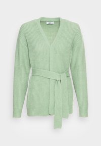 Jasnozielony kardigan wykonany z teksturowanej dzianiny, z dekoltem w kształcie litery V, długimi rękawami i dopasowanym paskiem w talii do zapięcia.