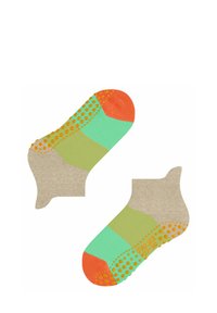 Chaussettes de cheville colorées avec une base beige et des sections vertes, orange et turquoise, ainsi que des accents à pois sur les orteils et les talons.
