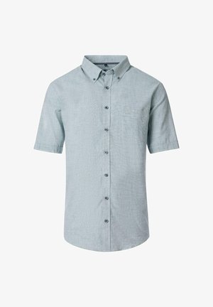 Kurzarmhemd in Hellblau aus strukturiertem Stoff, mit Brusttasche, blauen Knöpfen und klassischem Kragendesign.