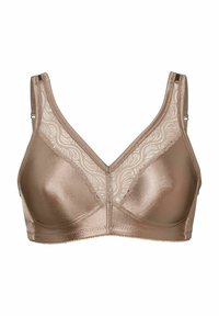 Bralett i bronsfärg, tillverkad av slät tyg med spetsdetaljer. Har en V-ringning, justerbara axelband och en sömlös finish.