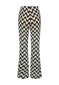 Zwart-witte flared broek met een golvend streepjespatroon, gemaakt van lichte stof, met een hoge taille en een gestructureerde afwerking.
