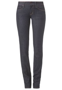 Ciemnoniebieskie dżinsy o slim fit, z pięcioma kieszeniami, subtelnymi przeszyciami oraz zapięciem na guzik w talii.