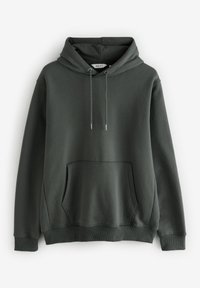 Sudadera con capucha en verde oscuro, con un bolsillo delantero tipo kenguri, puños acanalados y cordones ajustables. Fabricada en un tejido suave con una textura lisa.