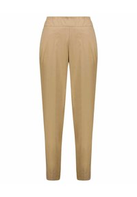 Beige Hosen mit elastischem Bund, schmal zulaufendem Bein, glatter Textur und minimalen Nähten, geeignet für die Freizeit.