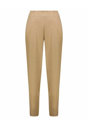 Pantaloni beige con vita elastica, design a gamba affusolata, tessuto liscio e dettagli di cucitura minimi, adatti per un look informale.