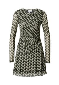 Zwart en crème geometrisch patroon jurk met lange mouwen, gerimpelde taille en een sheer textuur, met gelaagde rokdetails.