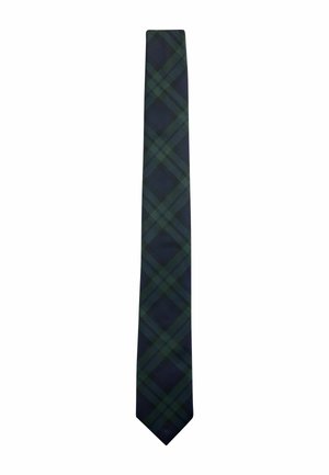 Navy blue and dark green tartan patterned men's necktie with a classic pointed tip on a white background.