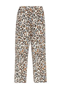 Spodnie w panterkę z elastycznym paskiem, długości do połowy łydki, wykonane z miękkiego materiału o różnokolorowych plamach w odcieniach pomarańczowego, niebieskiego i czarnego.