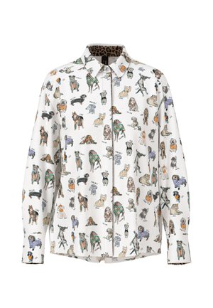 Weißes Hemd mit einem ganzflächigen Muster verschiedener Hunde, Mit Knopfleiste und einem Leopardenmuster im Kragen. Der Stoff fühlt sich glatt an.