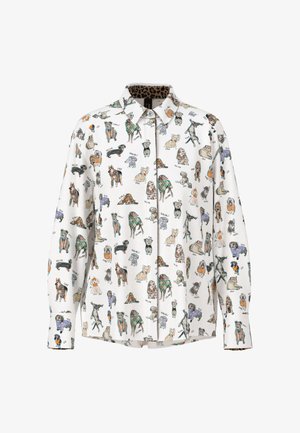 Weißes Hemd mit einem ganzflächigen Muster verschiedener Hunde, Mit Knopfleiste und einem Leopardenmuster im Kragen. Der Stoff fühlt sich glatt an.