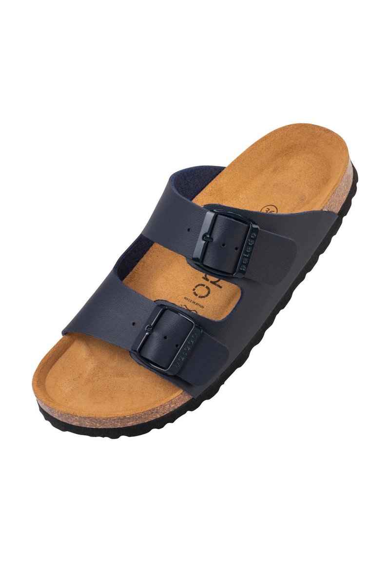 Mörkblå sandal med två remmar och justerbara spännen, korkfotbädd och gummisula. Texturerad yta på fotbädden för komfort.