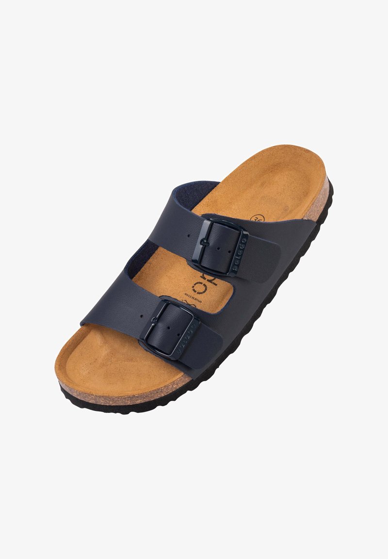 Sandal in blu navy a due cinghie con fibbie regolabili, soletta in sughero e suola in gomma. Superficie testurizzata sulla soletta per un maggiore comfort.