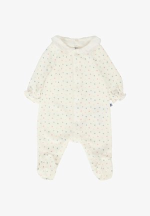 Tutina in pile bianco con motivo a cuori multicolori, polsini elastici e colletto rotondo, dotata di chiusura a bottoni sul davanti.