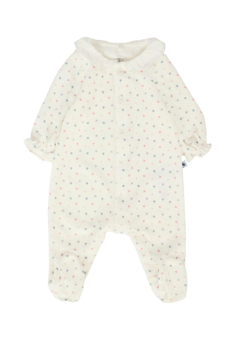 Tutina in pile bianco con motivo a cuori multicolori, polsini elastici e colletto rotondo, dotata di chiusura a bottoni sul davanti.