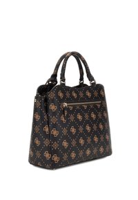 Borsa a mano in ecopelle nera con motivo a logo marrone, design strutturato, doppi manici superiori e tasca anteriore con zip. Finitura testurizzata.