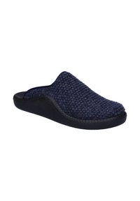 Navy woven slip-on slipper with a textured upper and black rubber sole, featuring a round toe and a flexible design.