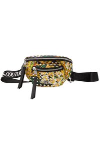Saszetka biodrowa w kwiatowy wzór w kolorach żółtym, zielonym i białym. Posiada czarne zippers, logo, ćwieki oraz czarny regulowany pasek.
