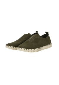 Olive green slip-on shoes made of suede, featuring a textured white rubber sole and minimal stitching details.