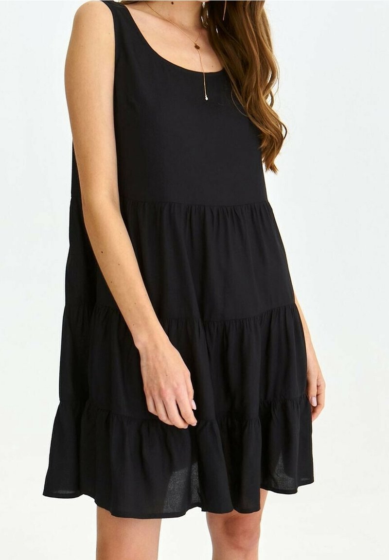 Schwarzes ärmelloses Kleid mit gestuftem Rüschensaum, aus leichtem Stoff gefertigt, mit rundem Ausschnitt und lockerer Passform.