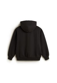 Schwarzer Pullover-Hoodie mit verstellbarem Kordelzug an der Kapuze, gerippten Bündchen und Saum. Hergestellt aus weichem Stoff mit glatter Textur. Keine sichtbaren Logos.