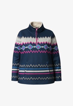 Sudadera de forro polar de color marino con alto cuello, cremallera de medio frente y patrón geométrico en gris, rosa, azul y blanco. Incluye bolsillos laterales.