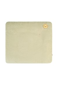 Light green plush mat with a soft texture. Features a circular lion design in beige at one corner. Edges are rounded.